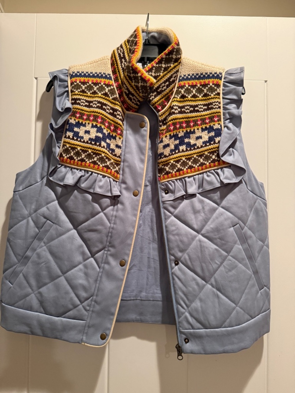 HUNTER BELL Light Blue Quilted Vest with Fair Isle Knit Yoke